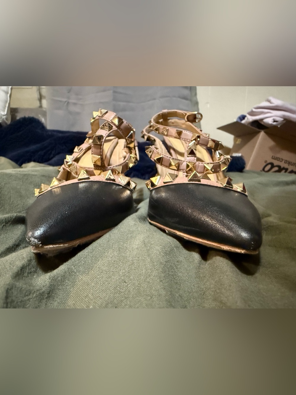Valentino Pink-Trim Black Pointed Rockstud Slingback Flats - Picture 2 of 7